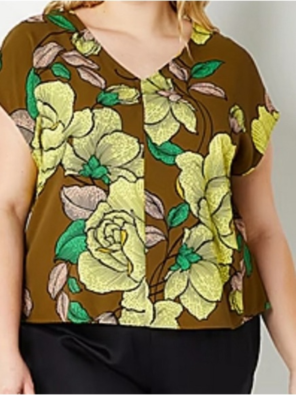 Worthington Olive Green Floral V-Neck Blouse